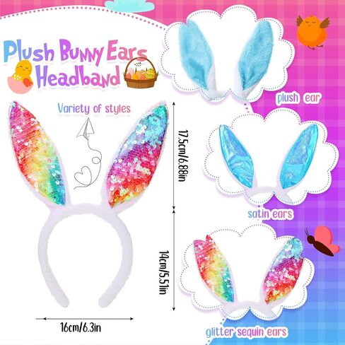 20 Pcs Easter Bunny Ears Plush and Sequin Bunny Ears Headband Colorful Bunny Headband Cute Ear Rabbit Hairband for Kids Adults Easter Party Decoration Easter Birthday Party Favors Costume Cosplay in Saudi Arabia