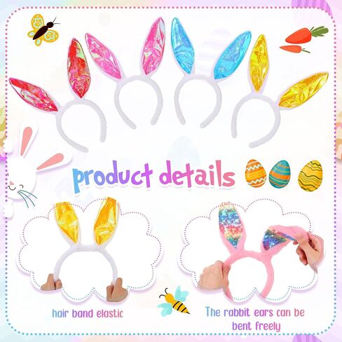 20 Pcs Easter Bunny Ears Plush and Sequin Bunny Ears Headband Colorful Bunny Headband Cute Ear Rabbit Hairband for Kids Adults Easter Party Decoration Easter Birthday Party Favors Costume Cosplay in Saudi Arabia