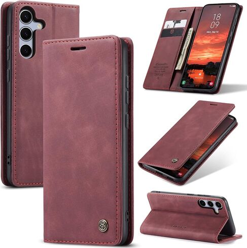 متوافق مع Samsung Galaxy S25 5G Case مع حامل البطاقة ، كيكستاند واقي فوليو محفظة الجلود من Galaxy S25 5G 6.2 بوصة (حمراء النبيذ) in Kuwait