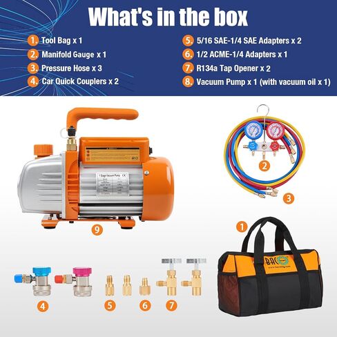 BACOENG 4 CFM AC Vacuum Pump and Gauge Set, HVAC Vacuum Pump and Manifold Gauge Set with Leak Detector for R134a R410a R12 R22 Refrigerants, with Can Tap and Quick Couplers in Kuwait