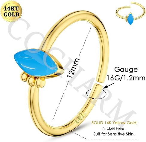 COCHARM 14k أقراط اللولب الذهبية الصلبة متمحور Daith القرط 16 مقياس تشيكوسلوفاكيا محارة هوب للنساء 8 مللي متر 10 مللي متر 12 مللي متر in Saudi Arabia