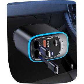 Retractable Car Charger 4 in 1[90W USB C Car Accessories Adapter ] for iPhone 16 USB C Charger Fast Charging, with Ambient Lighting, Road Trip Essentials for iPhone 16e 16 15 14 13 12、Galaxy、Pixel