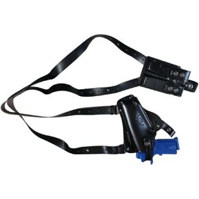 K44603 Vertical-Horizontal Shoulder & Belt Holster with Double Mag Pouch Fits Colt 1911 with 4" Barrel Genuine Leather Handmade! (3in1) Free Extension for Big Body Size! (Black)
