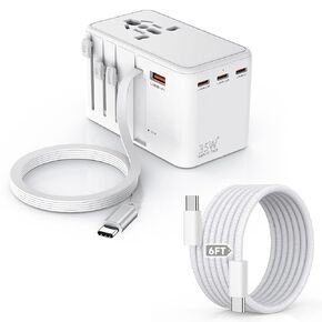 Universal Travel Adapter,35W 4 USB Port(3C/1A) International Power Adapter,European Travel Plug Adapter Retractable Type-C Cable+USB C 6FT Cable,Worldwide Plug Charger for EU UK USA AUS(Type C/G/A/I)