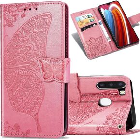 CCSmall Wallet Case for Samsung Galaxy A11 for Women Girls, Embossed Floral Butterfly PU Leather Folio Flip Case Cover with Card Slot Holder for Galaxy A11/M11 HZD(Rhinestone Pink)
