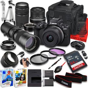 Canon EOS R50 Mirrorless Camera with RF-S 18-45mm f/4.5-6.3 is STM and EF 75-300mm f/4-5.6 III & 420-800mm f/8 Lens + Mount Adapter + 64 GB Memory + Extra Battery + More (25pc Bundle) (Renewed)