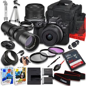 Canon EOS R50 Mirrorless Camera with RF-S 18-45mm f/4.5-6.3 is STM and 420-800mm f/8 Manual Super HD Telephoto Lens + 64 GB Memory + Extra Battery + Camera Case + More (21pc Bundle) (Renewed)