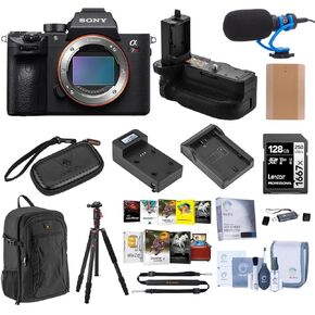 Alpha a7R IV Mirrorless Camera (V2) Bundle with Backpack, Memory Card, Battery, Charger, Battery Grip, Microphone, Tripod, Card Reader, Screen Protector, Cleaning Kit, Strap, 2X Software Kit