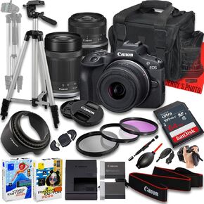 Canon EOS R100 Mirrorless Camera with RF-S 18-45mm f/4.5-6.3 is STM and 55-210mm f/5-7.1 is STM Lens + 64 GB Memory + Extra Battery + Camera Case + Tripod + More (23pc Bundle) (Renewed)