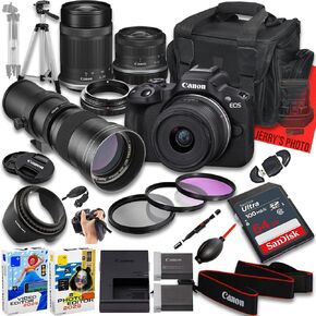 Canon EOS R50 Mirrorless Camera with RF-S 18-45mm f/4.5-6.3 is STM and 55-210mm f/5-7.1 is STM & 420-800mm f/8 Lens + 64 GB Memory + Extra Battery + Camera Case + More (24pc Bundle) (Renewed)