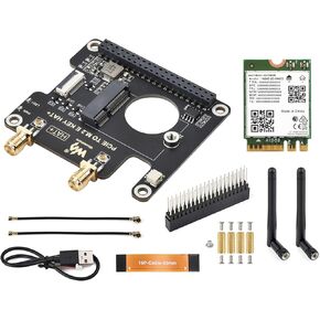 Pi5 PCIe to M.2 E Key Adapter HAT Compatible with Raspberry Pi 5, Support 2230 Size NGFF (M.2 E Key) Wireless NIC-AX210/AX200/BE200/RTL8822CE, HAT+ Standard, Comes with Wireless AX210 and Antenna