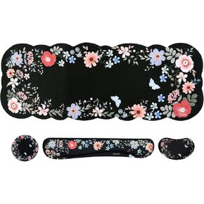 MOSISO Keyboard Wrist Rest Set, Large Deskpad&Wrist Rest for Mouse&Keyboard&Coaster, Ergonomic Wave Edge Desk Mat, Non-Slip Memory Foam Easy Typing Pad for Home/Office, Butterfly&Colorful Flowers
