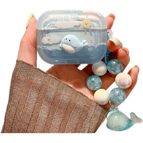 Cute Case Compatible with Airpods 4,Kawaii 3D Cartoon Dolphin Ocean Pattern with Pearl Bracelet Keychain for Women Girl,Earphone Case Shockproof Protective Cover Skin for Airpods 4th Generation