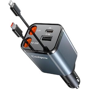 Retractable Car Charger【2025 Upgraded】 4 in 1 Fast USB C Car Phone Charger【Fast Charging 】 Cigarette Lighter Adapter with iPhone 16 15 14 13 12 11 Pro/Pro Max/Plus/Mini, Galaxy, Pixe
