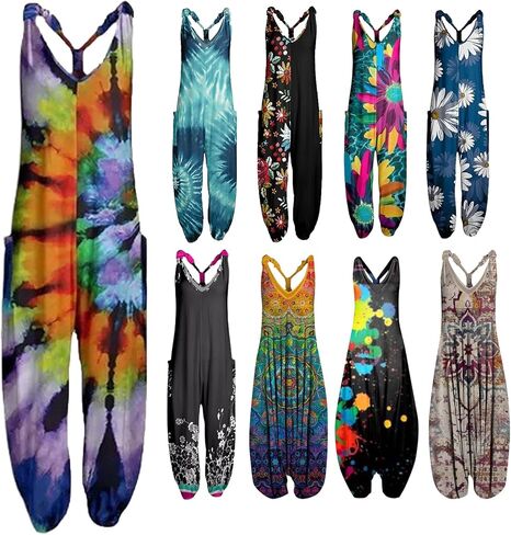 NAMTYQX 2024 Plus Size Boho Overalls for Womens Summer Fashion Baggy Pants Loose Fit Jumpsuit Floral Printed Women Jumpsuits in Saudi Arabia