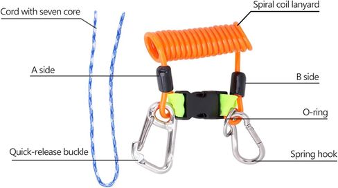 Scuba Diving Lanyard, Heavy Duty Stainless Steel Spring Coiled Lanyard with Quick Release Buckle and Webbing Strap for Cameras and Dive Lights in Kuwait