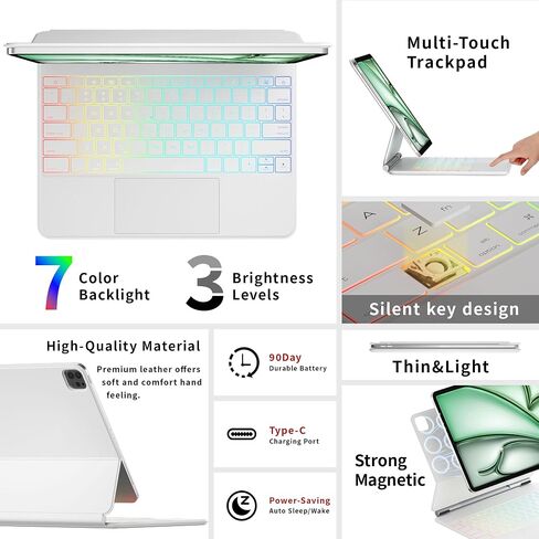 For iPad Air 13 2024 and iPad Pro 12.9-inch June 2022 / May 2021 / April 2020 /2018 th keyboard case - Magnetic keyboard case with multi-touch touchpad - floating cantilever stand (Silver-white) in Saudi Arabia