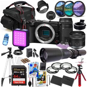 Canon EOS R50 V Mirrorless Camera with 24-50mm & 75-300mm Lens Bundle + Premium Accessory Package Including 500mm Telephoto, 64GB Memory, LED Light, Photo-Video Software & More (38 Pieces) (Renewed)