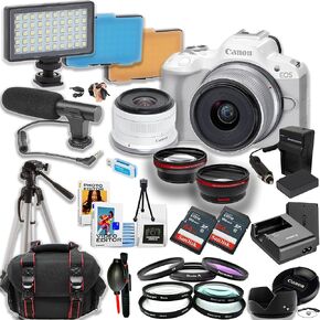 Canon EOS R50 Mirrorless Camera w/18-45mm Lens + 2pc 64GB Ultra Memory Card + Directional Mic + Tripod + Camera Case + More (24pc Bundle) (Renewed)