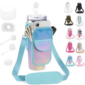Water Bottle Holder with Strap for Stanley 30/40 oz Tumbler, Fashion Stanley Cup Bag with Big Phone Pocket, Silicone Boot, Straw Cover & Leak Proof Stoppers