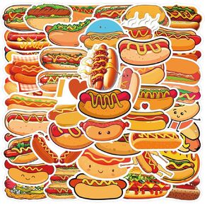 55 Pcs Hot Dog Stickers Kids Teens Adults, Cute Food Waterproof Vinyl Stickers and Decals for Water Bottle Laptop Luggage Hydro Flask Car Bike Bicycle Birthday Party Decorations Gifts