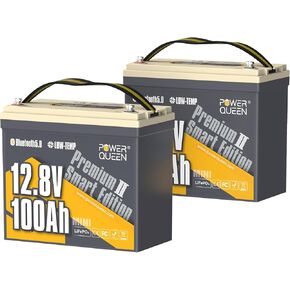 Power Queen 2Pack Bluetooth 12V 100Ah LiFePO4 Battery, Group 24 Deep Cycle Lithium Battery Max. Output Power 1280W, 100A BMS with Low-Temp Cut-off Protection for RV, Trolling Motors, Solar System