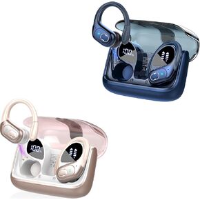2 Sets Wireless Earbuds Sport, Bluetooth 5.4 Over Ear Buds Stereo Deep Bass Over Ear Bud with Earhooks, 75H Wireless Earphones with Mic, IPX7 Waterproof Earphone for Sports Blue+Rose Gold