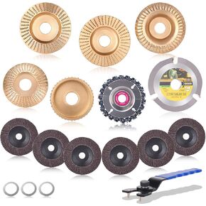 مجموعة أقراص نحت الخشب 5 قطع لمطحنة زاوية 4 بوصة أو 4 1/2 بوصة مع مفتاح ربط، قرص عجلة طحن أداة الجذع مع تجويف 7/8 بوصة، مرفقات عجلة قرص صنفرة النجارة لقطع وتشكيل وتلميع النحت in Kuwait