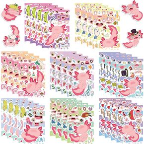 32 Pcs Axolotl Make a Face Sticker Make Your Own Cute Axolotl Stickers Cartoon Pink Animal Vinyl Waterproof Stickes for Birthday Party School Activity