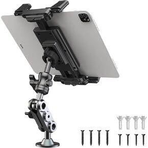 Aluminum Heavy Duty Drill Base Tablet Holder Car Mount Dashboard, 360° Adjustable 2-Stage Stand for 4.7-12.9" iPad Pro/Air/Mini/Samsung Galaxy Tab, for Car Truck Wall Desk Commercial Vehicle