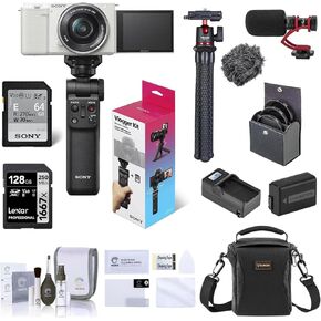 Sony ZV-E10 Mirrorless Vlog Camera with 16-50mm Lens, White - Bundle with Vlogger Kit, 128GB SD Card, Shoulder Bag, Screen Protector, Mic, Tripod, Extra Battery, Charger, 40.5mm Filters, Cleaning Kit