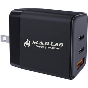 M.A.D LAB 65W Portable Charger – 3-Port USB C Charger Block, Compact Travel Adapter, Swappable Plugs, High-Speed Charging for iPhone, iPad, MacBook, Android, and More