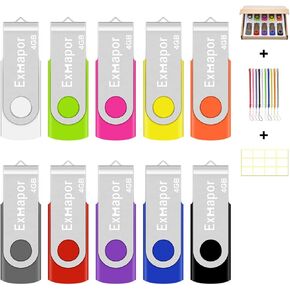 Thumb Drives 10 Pack Exmapor 4GB USB Flash Drive Swivel Memory Stick with LED Indicator Lanyards Multi-Colors