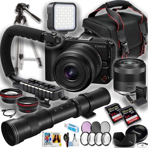 Canon EOS R50V Mirrorless Camera W/ 14-30mm عدسة + 430-800 عدسة تليفوتوغرافية + مصباح LED + U-Grip + 50 بوصة ترايبود + 2PC Sandisk 64GB Pro Card Pro Pro + أكثر (حزمة 25pc) (متجددة) in Saudi Arabia