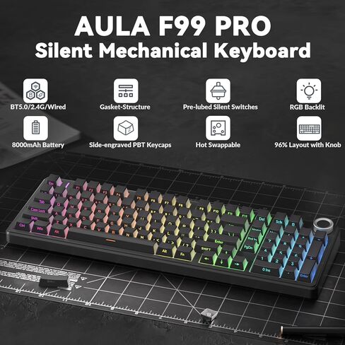 AULA F99 Pro Wireless Mechanical Keyboard-Silent Version,BT5.0/2.4GHz/USB-C Hot Swappable Custom Keyboard,Gasket Structure,Pre-lubed Linear Switches RGB Backlit Computer Gaming Keyboards,Black in Kuwait