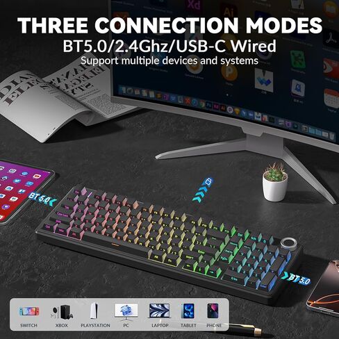 AULA F99 Pro Wireless Mechanical Keyboard-Silent Version,BT5.0/2.4GHz/USB-C Hot Swappable Custom Keyboard,Gasket Structure,Pre-lubed Linear Switches RGB Backlit Computer Gaming Keyboards,Black in Kuwait