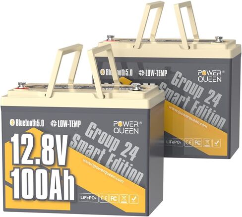 Power Queen 2Pack Bluetooth 12V 100ah LifePo4 بطارية ، المجموعة 24 بطارية ليثيوم Deep Cycle Lithium Max. طاقة الإخراج 1280W ، 100A BMS مع حماية قطع منخفضة للإيقاع للربح الرصاص ، ومحركات التصيد ، والنظام الشمسي in Kuwait