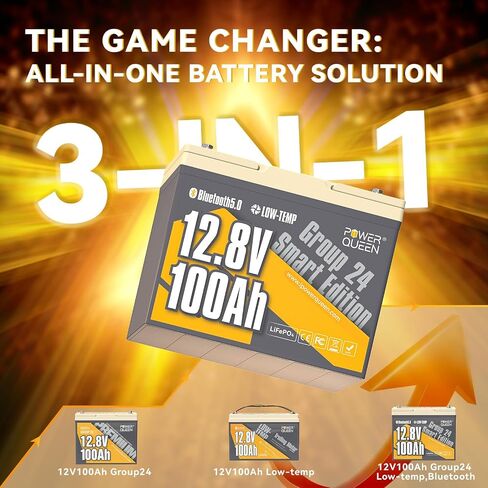 Power Queen 2Pack Bluetooth 12V 100ah LifePo4 بطارية ، المجموعة 24 بطارية ليثيوم Deep Cycle Lithium Max. طاقة الإخراج 1280W ، 100A BMS مع حماية قطع منخفضة للإيقاع للربح الرصاص ، ومحركات التصيد ، والنظام الشمسي in Kuwait