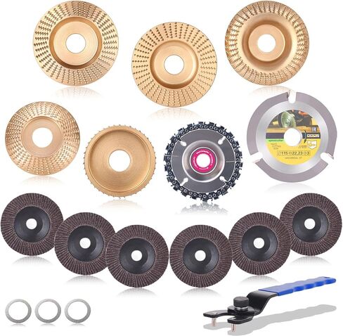 مجموعة أقراص نحت الخشب 5 قطع لمطحنة زاوية 4 بوصة أو 4 1/2 بوصة مع مفتاح ربط، قرص عجلة طحن أداة الجذع مع تجويف 7/8 بوصة، مرفقات عجلة قرص صنفرة النجارة لقطع وتشكيل وتلميع النحت in Kuwait