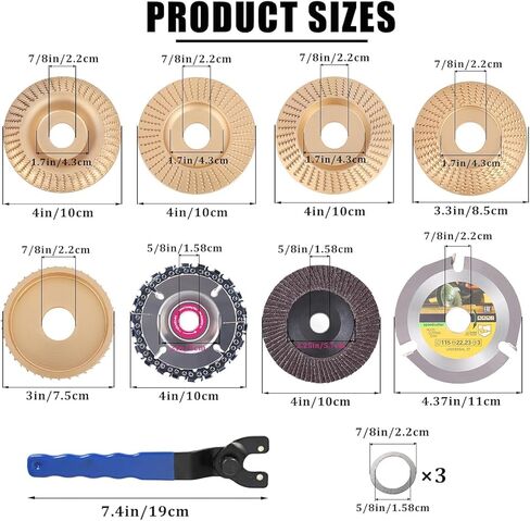 مجموعة أقراص نحت الخشب 5 قطع لمطحنة زاوية 4 بوصة أو 4 1/2 بوصة مع مفتاح ربط، قرص عجلة طحن أداة الجذع مع تجويف 7/8 بوصة، مرفقات عجلة قرص صنفرة النجارة لقطع وتشكيل وتلميع النحت in Kuwait