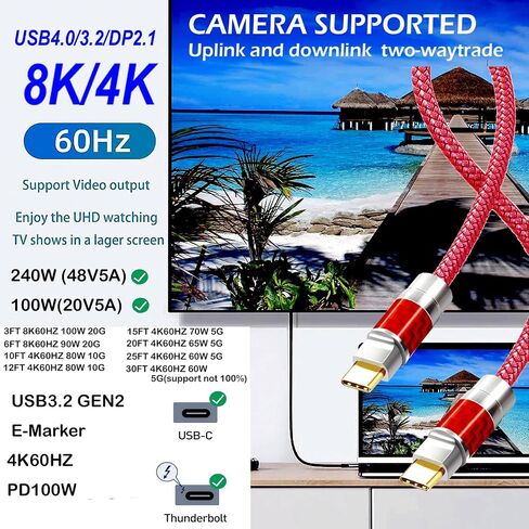 النوع C إلى C 40ft كبل ، 4K60Hz Gen2x2 (بيانات USB2.0) ، النوع C إخراج الفيديو من USB3.2/ USB4.0 ومزامنة لـ XREAL MacBook Pro iPad iPhone 15 Pro Galaxy S22 Monitor (Red) in Kuwait