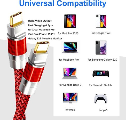 النوع C إلى C 40ft كبل ، 4K60Hz Gen2x2 (بيانات USB2.0) ، النوع C إخراج الفيديو من USB3.2/ USB4.0 ومزامنة لـ XREAL MacBook Pro iPad iPhone 15 Pro Galaxy S22 Monitor (Red) in Kuwait
