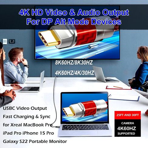 النوع C إلى C 40ft كبل ، 4K60Hz Gen2x2 (بيانات USB2.0) ، النوع C إخراج الفيديو من USB3.2/ USB4.0 ومزامنة لـ XREAL MacBook Pro iPad iPhone 15 Pro Galaxy S22 Monitor (Red) in Kuwait