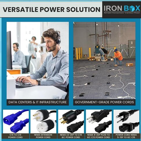 IronBox Electric - C14 to Left Angle C13 Power Cord - 90 Degree Computer Power Cord - Rated for 10A/250V - 18/3 AWG - IEC 60320 - Cable for Servers, Monitors, Computers, Networking Equipment (2 Feet) in Saudi Arabia