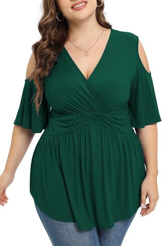 TIANZHU Plus Size Tops for Women Sexy Empire Waist Dressy Short Sleeve Shirts with Cold Shoulder Detail in Kuwait
