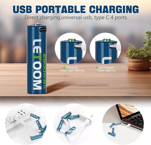 بطاريات AA القابلة لإعادة الشحن 2800MWH في الساعة Lithium AA بطاريات 1.5 فولت مضاعفة بطارية مع كابل شحن USB-C 4 في 1 in Kuwait
