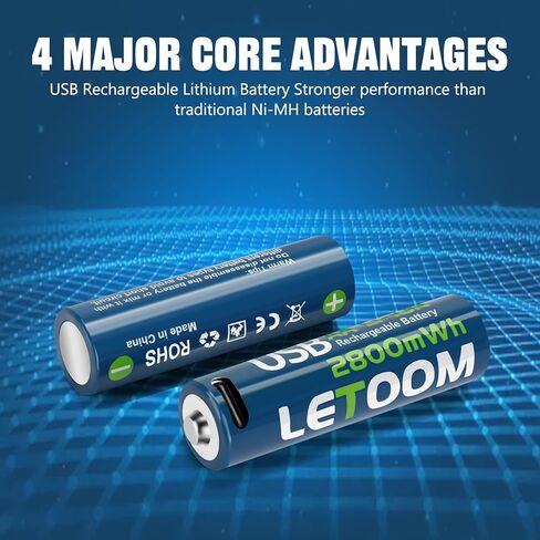 بطاريات AA القابلة لإعادة الشحن 2800MWH في الساعة Lithium AA بطاريات 1.5 فولت مضاعفة بطارية مع كابل شحن USB-C 4 في 1 in Kuwait