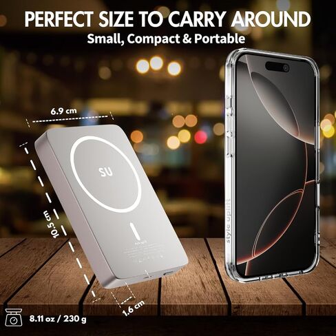Su Lite Magnetic Power Bank 10000mah ، 20W Fast Charge USB-C ، الشاحن اللاسلكي ، Magsafe متوافق ، دعم iPhone ، Samsung ، Google Pixel ، Airpod ، شاحن محمول خفيف الوزن سليم 0.60 بوصة مع حقيبة حمل in Saudi Arabia