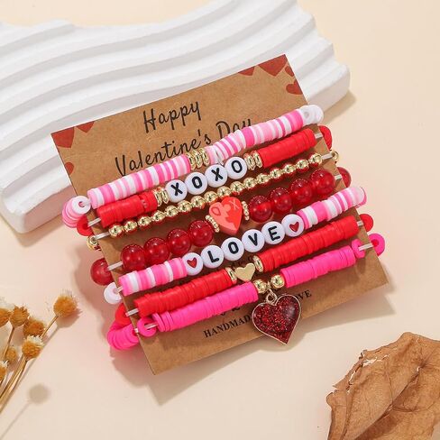 Valentine's day Bracelets for Women Girls Heishi Surfer Pink Clay Bead Bracelet Set Love Heart Bracelets Bulk Cute Pink Red Stackable Stretch Bracelets Birthday Accessories Jewelry Gifts-7pcs in Saudi Arabia