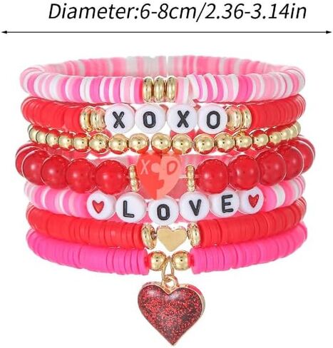 Valentine's day Bracelets for Women Girls Heishi Surfer Pink Clay Bead Bracelet Set Love Heart Bracelets Bulk Cute Pink Red Stackable Stretch Bracelets Birthday Accessories Jewelry Gifts-7pcs in Saudi Arabia